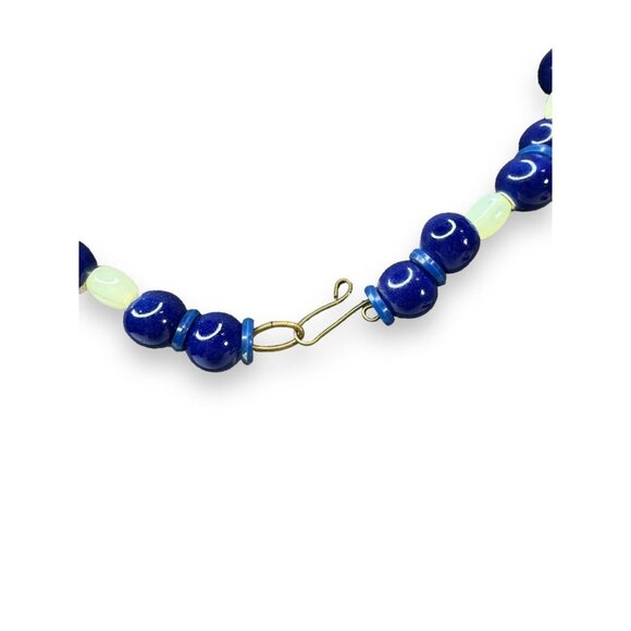Vintage Green Uranium Glowing Glass Blue Ceramic Bead Necklace 21.5” Hook Clasp - Picture 6 of 10